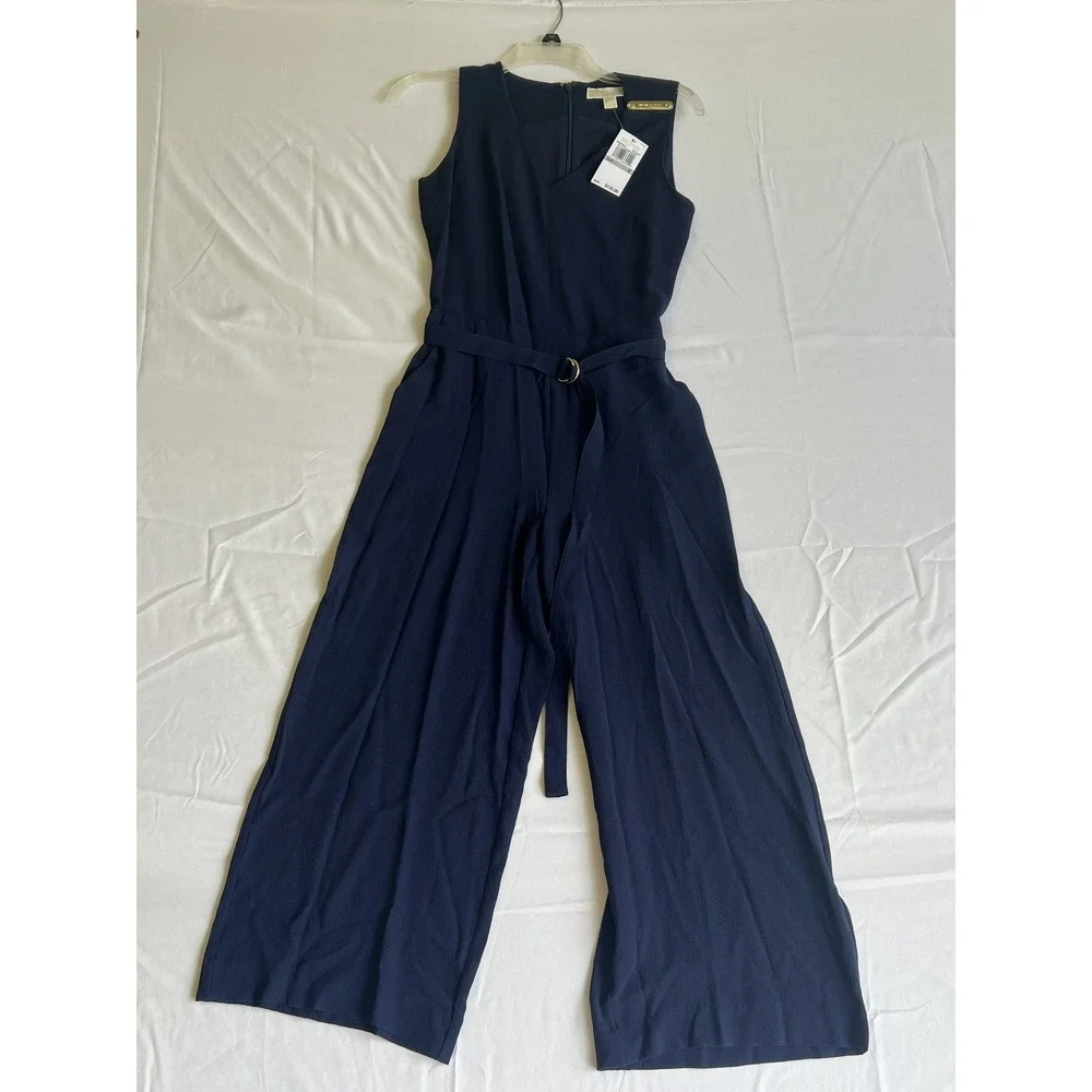 Michael Michael Kors Navy Blue Wide Leg Belted Jumpsuit MU98Z3D4YP Size 0 NWT